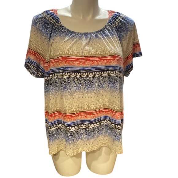 Karen Scott Peasant Top, Elastic Neckline, Red White Blue Tan Silver Size 2X - Picture 1 of 8